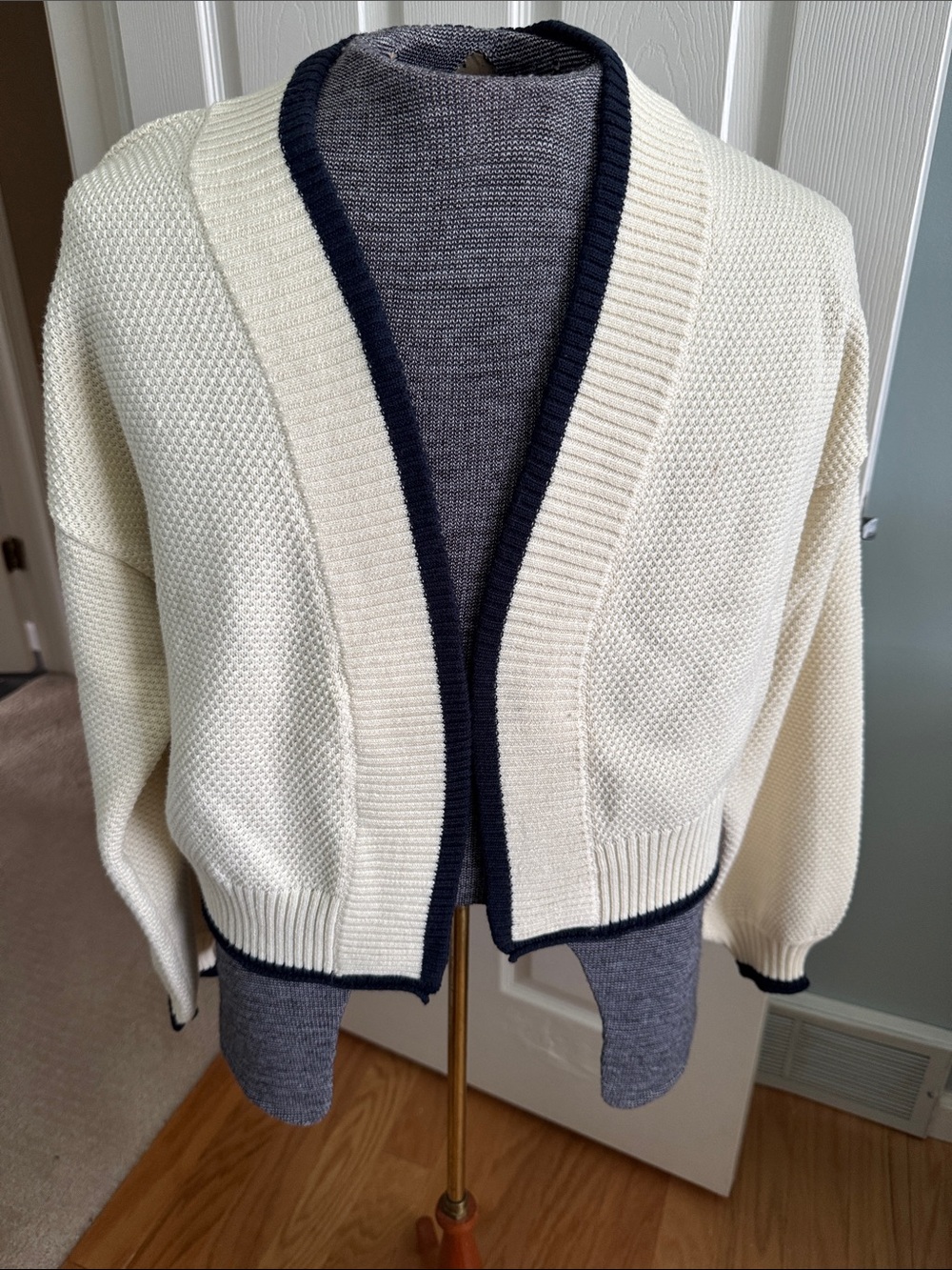 Anthropologie Cream Knit Open-Front Cardigan with Navy Trim
